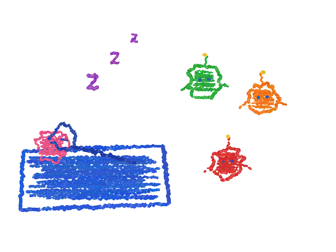 Crayon drawing of a person sleeping with Zzz while three helper bots keep working