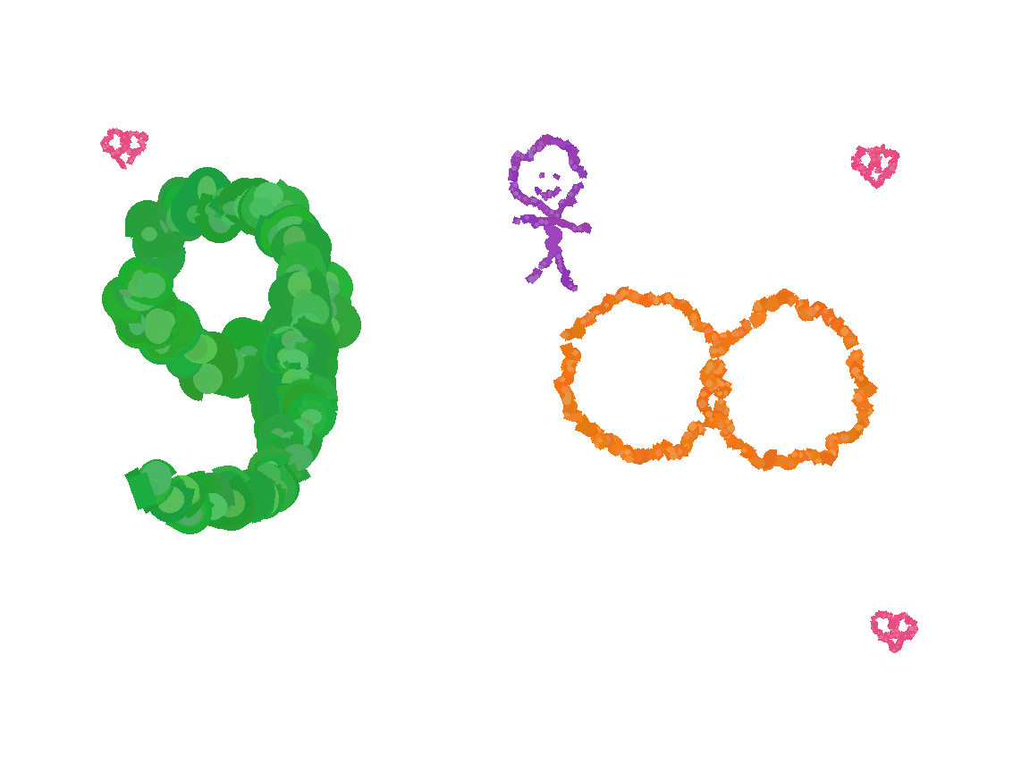 Crayon drawing of a giant 9 and a smiling stick figure with a banner reading 9 HOURS FOREVER